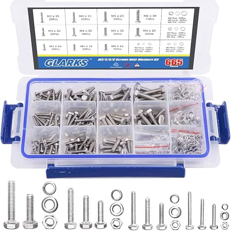 Glarks 665pcs M3 M4 M5 M6 Stainless Steel Flat Hex Screws Nuts and Flat Seal Spring Washers Assortment Set