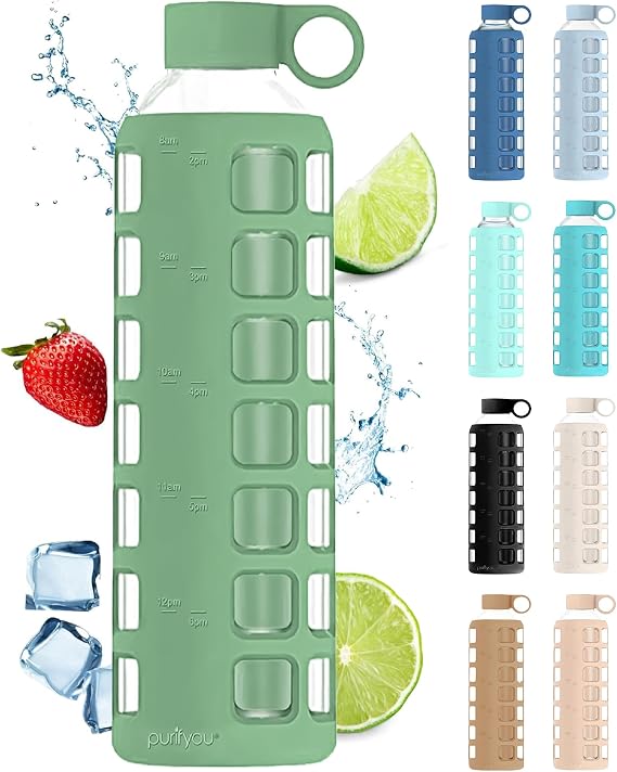 purifyou 40oz / 32oz / 22oz / 12oz Borosilicate Glass Water Bottle with Time & Volume Markers, Silicone Sleeve, Stainless Steel Lid | Reusable Glass Bottle for Water & Juice (32oz Shale Green)