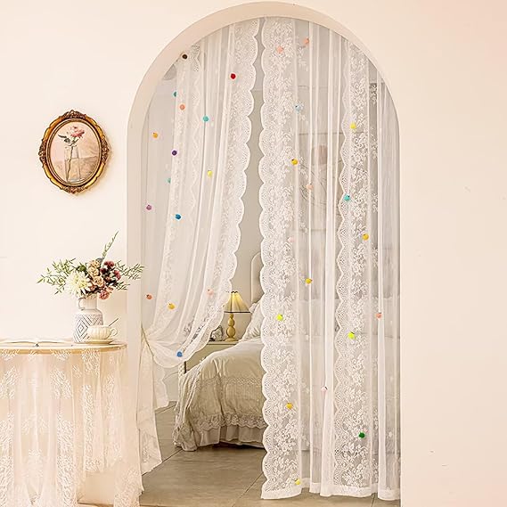 Lace Curtains with Flat Hook - Floral Embroidery Country Lace Sheer Curtains for Living Room, Scalloped Trim Tulle White Sheer Lace Curtains for Windows, 1 Panels, 82x90inch(Wide x Tall)