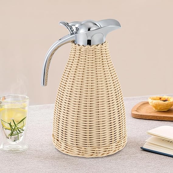 Stainless Steel Coffee Thermal Carafe, 50 Oz/1.5 L Woven Rattan Insulated Coffee Carafe Double Walled Vacuum Insualted 20 Hour Heat Cold Retention (White)