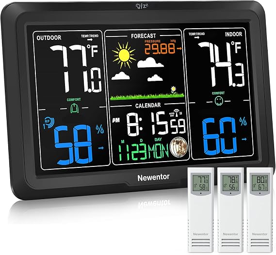Newentor Weather Station Wireless Indoor Outdoor, Black, 3 sensors