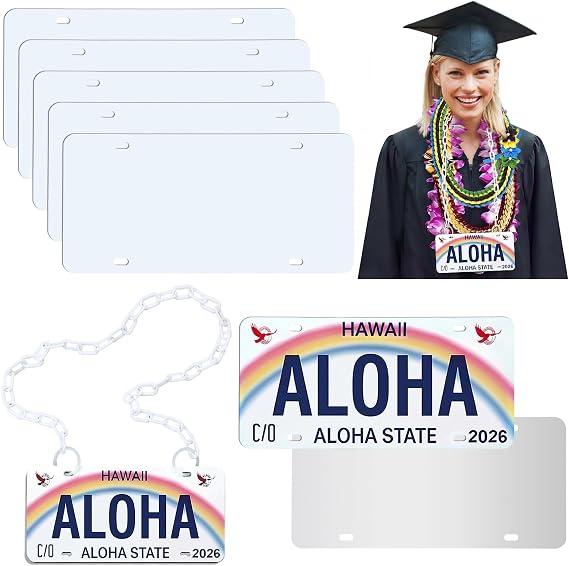 5 Pcs Hawaiian Sublimation License Plate Blanks with Chain Hawaiian Graduation License Plate Lei Heat Thermal Transfer DIY Picture Aluminum Automotive Plates Tag for Student Graduation