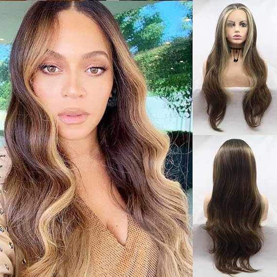 Lace Front Wig Long Wavy Wigs Realistic Synthetic Lace Front Wigs for Women Body Wave Lace Wig Natural Hairline Glueless Wig Heat Resistant Fiber Hair Cosplay, 24 Inch Highlight Brown