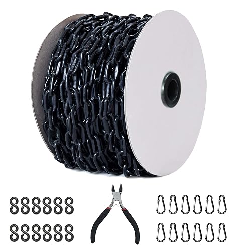 125 Feet Black Plastic Safety Barrier Chain with 12 Black S-Hooks | 12 Carabiner Clips | Caution Security Chain Safety Chain for Crowd Control, Construction Site