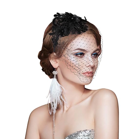 Aster 1920s Fascinator Mesh Veil Black Headband Bridal Wedding Tea Party Fascinator Veil for Woman Girl | Wedding Tea Party, for Woman Girl