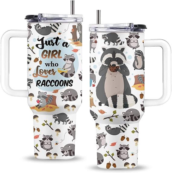 Raccoon Gifts, 40 Oz Just a Girl Who Loves Raccoons Tumbler with Handle & Straw, Thanksgiving Christmas Birthday Gift for Raccoon Lovers Women Men, Raccoon Cup, Raccoon Stuff, 1 PCS