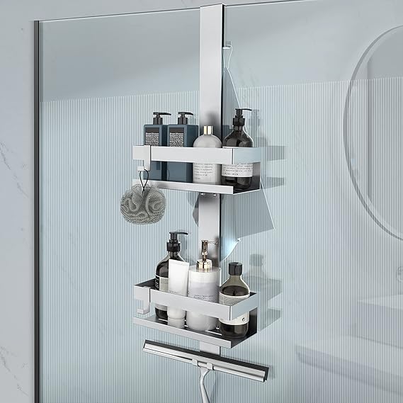 Hanging Shower Caddy, SUS304 Stainless Steel Over Door Shower Shelf, Bathroom Storage No Drilling (Style A - Silver)