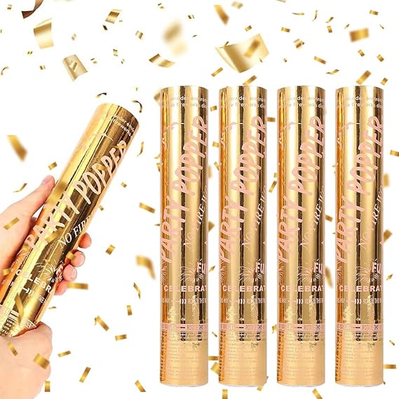 4Pcs Gold Confetti Cannons, Large Confetti Cannons, Biodegradable Confetti Cannons, 30cm Party Poppers, Wedding Confetti Cannons, Party Poppers for Celebrations, Birthday, Wedding