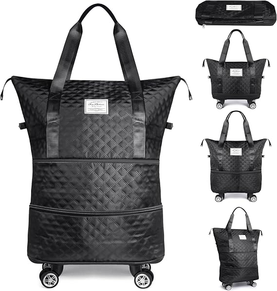 Rolling Duffle Bag with Wheels and Handle, Expandable Luggage Bag for Travel Duffel Bag, Foldable Travel Bag with Wheels Rolling Carry on Duffle Bag, Large Wheeled Duffle Bag Luggage, Black