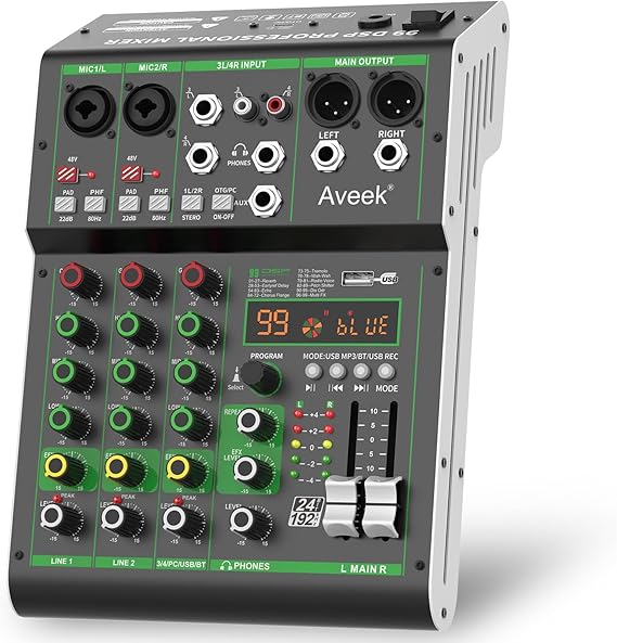Aveek Audio Mixer, 4 Channel Mixer with Bluetooth and USB Recording