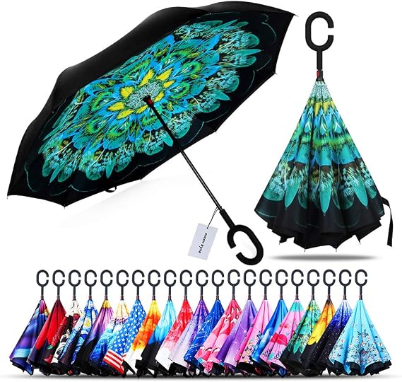 owen kyne Windproof Double Layer Folding Inverted Umbrella, Self Stand Upside-down Rain Protection Car Reverse Umbrellas with C-shaped Handle