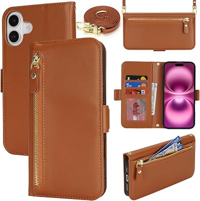 for iPhone 16 Plus Wallet Case for Women,Zipper Pocket,PU Leather Phone Case Stand flip Cover Crossbody Lanyard Strap Zipper Credit Card Holder Slots for Apple 16 Plus,Brown