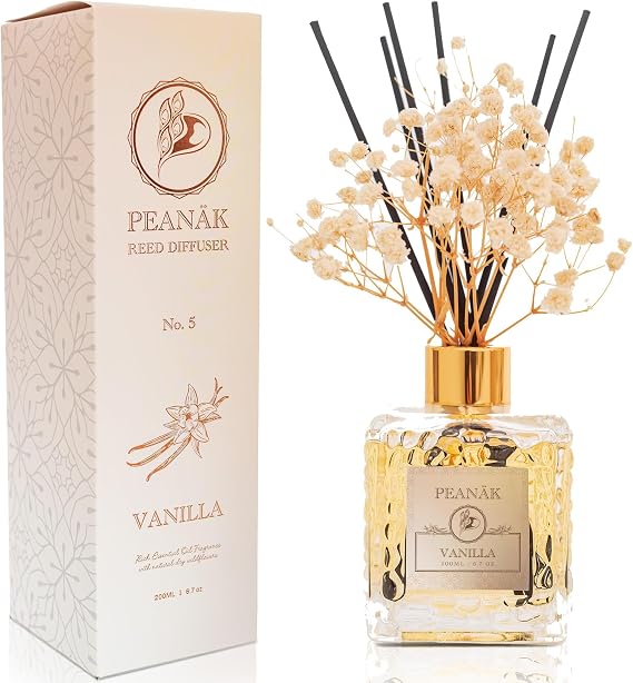 Reed Diffuser Set - Vanilla Coconut Oil, Oil Diffuser Sticks, Bathroom Diffuser, Bathroom Shelf Decor, 200ml with Preserved Flowers - PEANAK