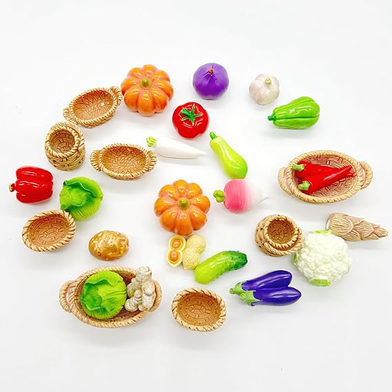 28Pcs Miniature Vegetable Figurines, Miniatures Kitchen Food, Fake Mini Vegetables, Resin Vegetables Model, Miniature Baskets Decor Set for Mini House Store Decoration Photo Props