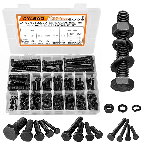 M3-M10 Hex Bolts and Nuts Set, 244PCS Carbon Steel Outer Hexagon Bolts, Machine Screws, Nuts, Flat Washers & Lock Washers