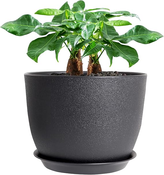 UOUZ 12inch Large Plant Pot, Modern Plastic Planter with High Driange Holes and Saucer for Indoor Outdoor Garden Plants and Flowers, Black