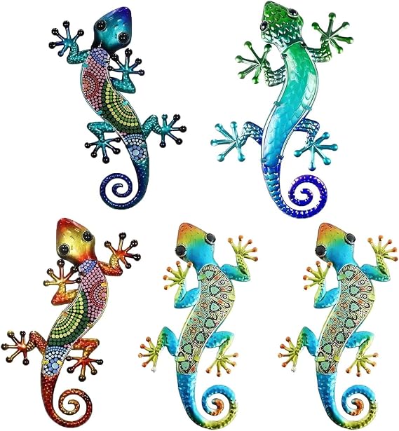 wellrun 5PCS Acrylic Gecko Wall Decor,Lizard Wall Art Hanging Ornaments,Outdoor Garden Fence Decorations for Backyard Porch Patio