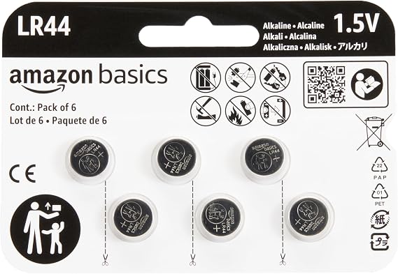Amazon Basics 6-Pack LR44 Alkaline Button Cell Replacement Battery, 1.5 Volt, Long Lasting Power, Mercury-Free