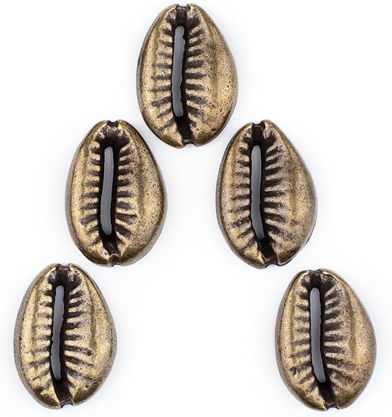 The Bead Chest Antiqued Brass Cowrie Shells (Set of 5): Metal Beads for DIY Crafts & Jewelry-Making Inspired by African Sea Shells