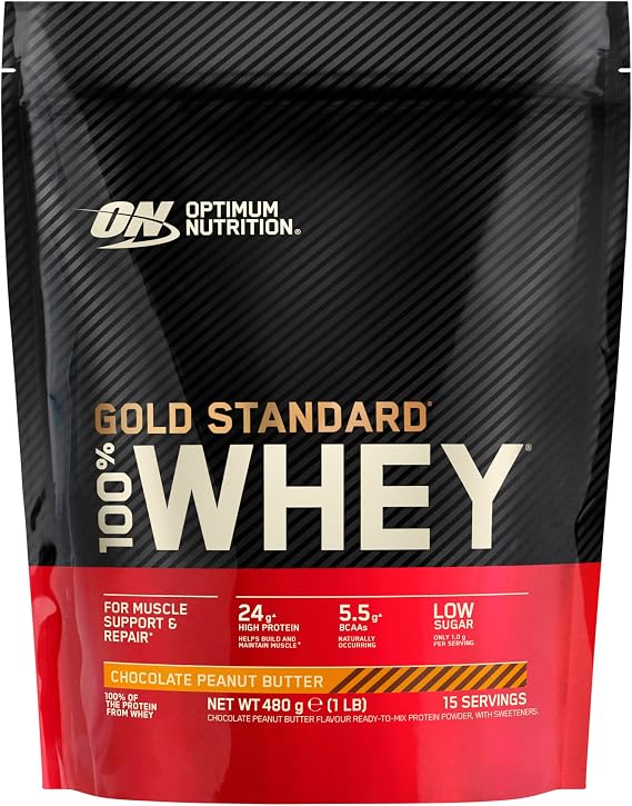 Optimum Nutrition Gold Standard 100% Whey Protein Powder, 480g | Chocolate Peanut Butter, 15 Servings, 24g Protein, BCAA, Low Sugar, Fast-Digesting Isolate, Supports Muscle Growth and Repair