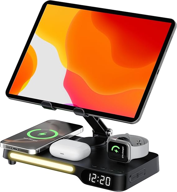 Wireless Charging Station,7 in 1 Multiple Charger Stand with Alarm Clock, Night Light,Mag-Safe Charging Dock for iPhone 17 16 15 14 13 12 Pro Max Plus,Apple Watch 11/10/9/8,for Airpods,Bedroom
