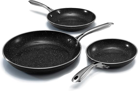 Granitestone Ceramic Nonstick Frying Pan Set 3pc 8/10/12 inch, Non Toxic Skillet Set, Induction Compatible, PFOA Free, Oven & Dishwasher Safe - Black