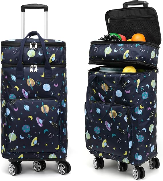2 in 1 Shopping Cart with Wheels, Grocery, Portable Utility Dolly, Luggage Cart, Foldable Hand Truck with Built-in Removable Waterproof Bag for Shopping, Camping, Travel (Starry Sky)