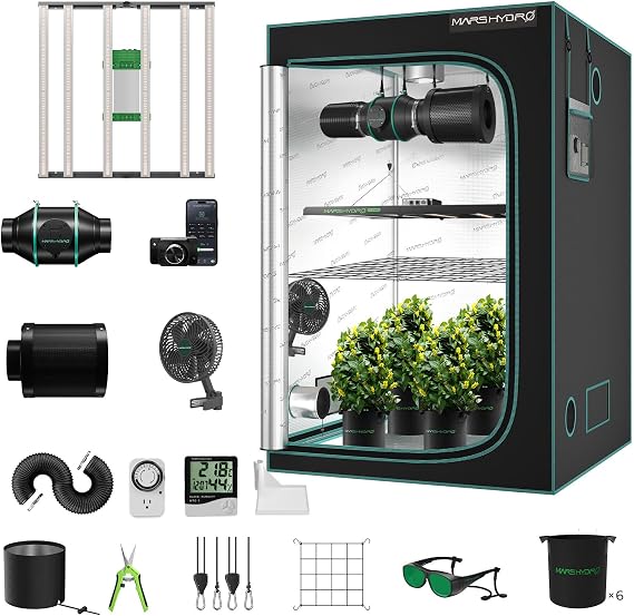 MARS HYDRO Smart Grow Tent Complete Set FC-E4800 App Remote Control Dimmable Grow Light 2646 LEDs 120 x 120 x 200 cm 1680D High Reflectivity Mylar Grow Box Complete Set 6 Inch 402CFM App Control Ventilation Sat