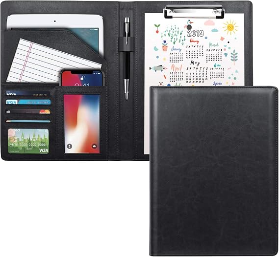 Business Portfolio Folder for Men Women, Padfolio Cover, Conference/Resume/Legal Document Organizer with Letter/A4 Size Clipboard Hardboard, Business Card Holders, Document Sleeve, Black
