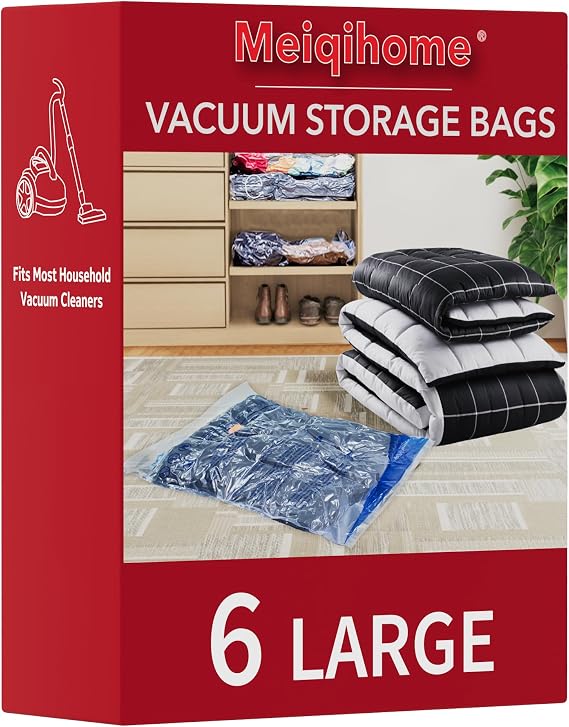 Vacuum Storage Bags 6 Large, Space Saver Sealer Bags, Airtight Compression Bags for Clothes, Pillows, Comforters, Blankets, Bedding(NO PUMP)