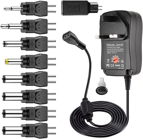 Multi Voltage Power Adapter, Reversible Polarity 30W Universal 3V 4.5V 5V 6V 7.5V 9V 12V Power Supply Adapter Charger for Keyboard Routers Speakers Pedals CCTV Cameras TV Box Audio