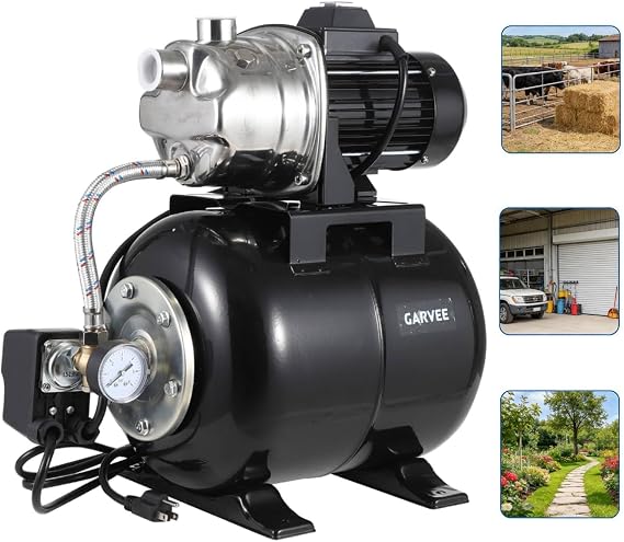 1HP Stainless Steel Water Transfer Pump with Well Pressure Tank Shallow Well Pump & Irrigation Pump Combo, 130ft Max Lift, 20ft Suction Lift, Automatic Pressure Switch for Farm Use