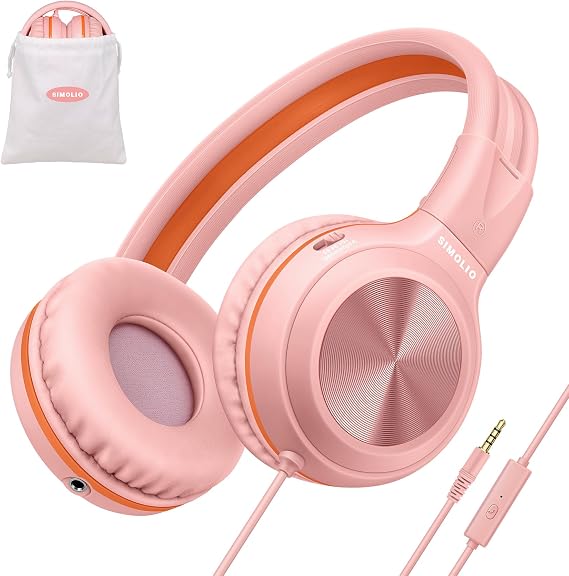 SIMOLIO Manyshare Series- Wired Headphones with Mic & Share Port, Volume Limited, Noise Isolating, Durable Plug in Headphones with Portable Pouch for Kids Girls, School, Travel, Laptop, Tablet (Pink)