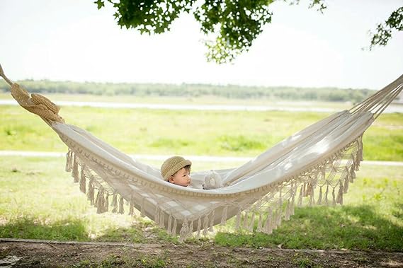 RISEON Handmade Boho Large Brazilian Macrame Fringe 2 Person Double Deluxe Hammock Swing Net Chair for Beach, Yard, Bedroom, Patio, Porch, Indoor, Outdoor, Wedding Decor 95" Lx 59" W