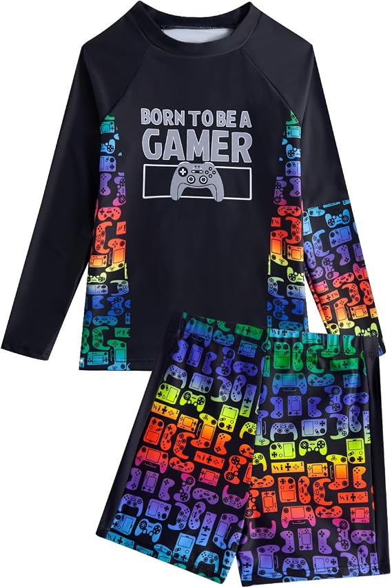 JiAmy Boys Rash Guard Swimsuit Long Sleeve Swim Set Bathing Suit 8-14 Years