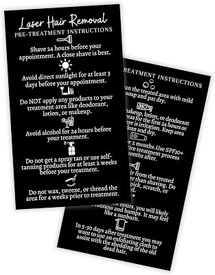 Boutique Marketing Laser Hair Removal Aftercare Cards | 50 Pack | Size 2x3.5 inch inch Business Card | Pre and Post Treatment Instructions | Black with White Design, white, black