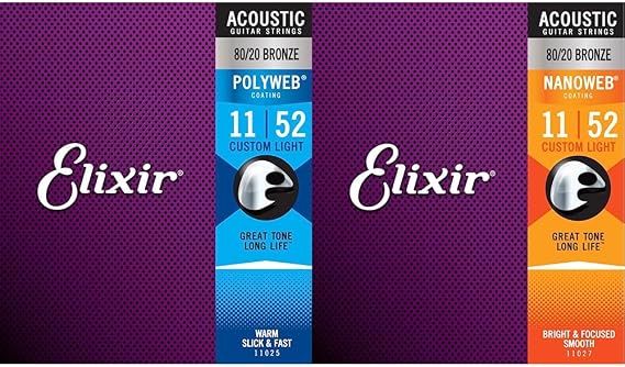 Elixir 11025 Strings 80/20 Bronze Acoustic Guitar Strings w POLYWEB Coating, Custom Light (.011-.052) & 11027 Strings 80/20 Bronze Acoustic Guitar Strings w NANOWEB Coating, Custom Light (.011-.052)