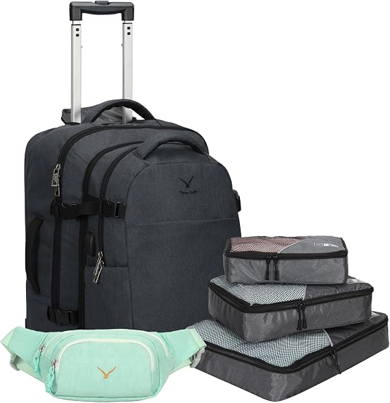 Hynes Eagle 2 in 1 Travel Backpack 22 inches Carry on Luggage 63L Rolling Backpack for Men Women with Packing Cubes 3PCS Set Grey Waist Pack Mint Green
