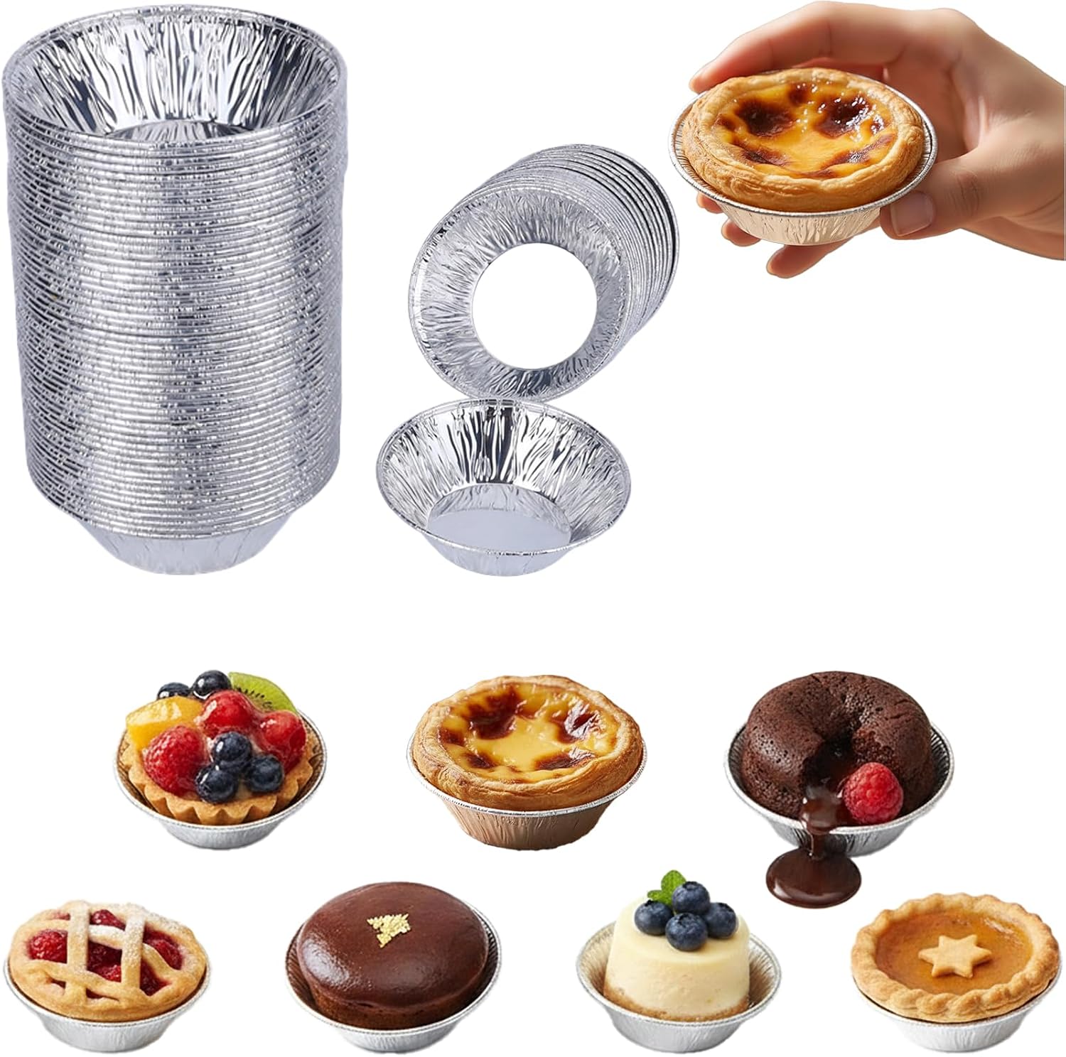 100Pcs Silver Mini Pie Tins, Round Tart Pie Foil Pans, Aluminum Foil Tart Pans,Individual Serving Pan for Baking, 2.76Inch