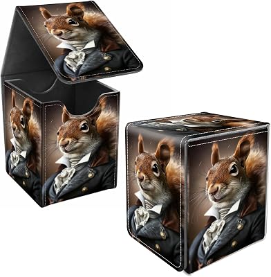 Card Deck Box, Card Storage Box Fits 100 Single Sleeved, Large Capacity PU Leather Card Storage Box with Strong Magnet for Magic Commander TCG CCG, Squirrel