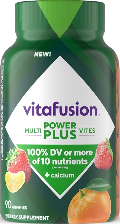 Vitafusion Power Plus Multivitamin for Men and Women | 90 Gummies | with Vitamins A B C D E | plus Calcium | Strawberry Tangerine Flavor | Gluten and Dairy Free Adult Multivites Supplement