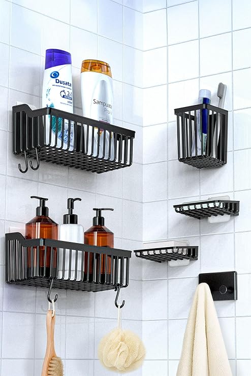 ATA HOME Banyor 6'Lı Banyo Seti Yapışkanlı Banyo Düzenleyici Şampuanlık Diş Fırçalık Sabunluk Askılık Takımı Siyah