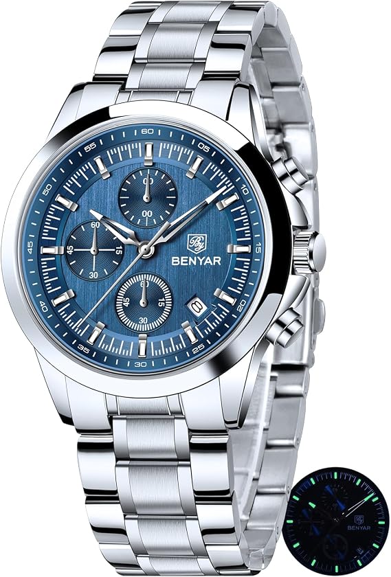 BENYAR Men's Watch Analog Quartz Chronograph Waterproof Men Fashion Business Casual Sport Dress Watch with Calendar Stainless Steel Leather Strap Elegant Gift, silver blue, Bracelet Type