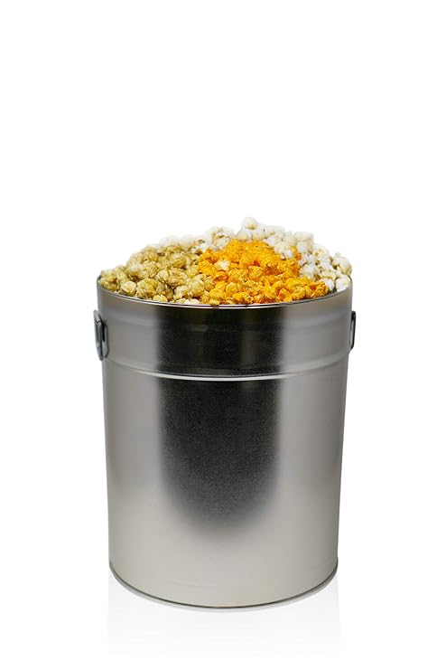 The Classics Gourmet Popcorn Tin: Indulge in Cheese, Caramel, and Kettle Korn | Handcrafted to Order | Perfect for Movie Nights, Care Packages, and Gift Packages (6.0 Gallon Silver)
