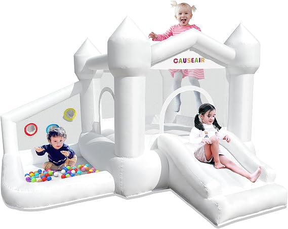 Inflatable White Bounce House with Ball Pit,Bounce Castle Indoor & Outdoor Use,Bouncy House with Blower for Kids 3-8