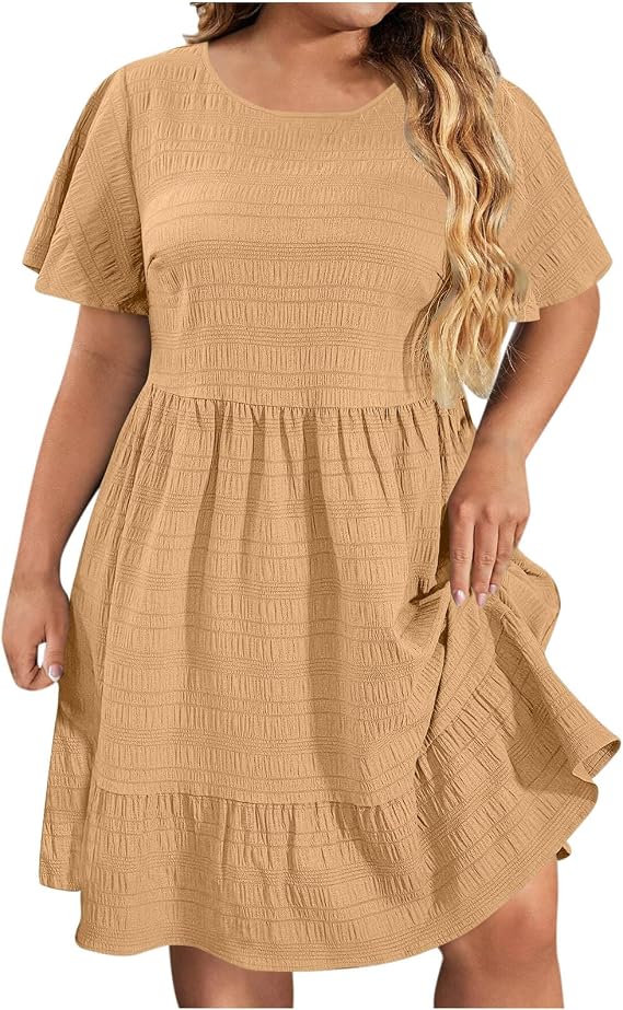 Plus Size Dresses for Curvy Womens Summer Dresses Flowy Crew Neck Short Sleeve Ruffle Hem Midi Dress Tshirt Dress