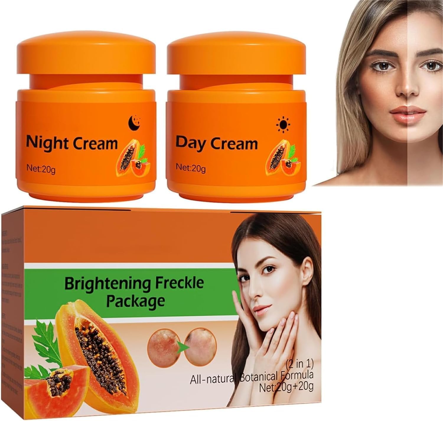 Papaya Whitening Face Cream, Papaya Day Cream-Night Cream, Brightening Freckle Cream, Anti-Wrinkle Moisturizing Face Cream, for All Skin Types 1set