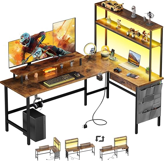 HLONONE 170 x 100 cm Gaming Table with LED Corner Desk with Socket