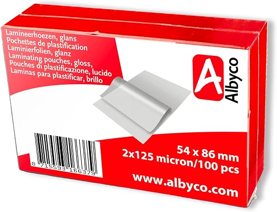 Albyco Laminating Pouches Gloss 54x86mm 2x125 (250) Micron, Pack of 100 | Albyco laminatingpouches: Ultimate durable protection & vivid contrast. Give your printwork the pro-finish it deserves!