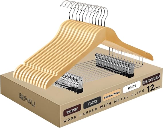 Wooden Hangers with Adjustable Metal Clips, 12-Pack, Natural | Solid Wood Hangers with 360 Rotatable Hook for Skirt, Dress, Coats, Jacket and Pants, Space-Saving and Non-Slip Design